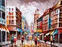 Kleurrijke stadsstraat met klokkentoren, landschap schilderij