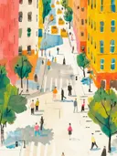 Schilderij van een kleurrijke stadsstraat gezien van bovenaf