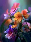 Schilderij van kleurrijke tuinbloemen tegen een wazige pastelachtergrond
