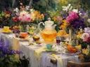 Stillevenschilderij van theekopjes tussen kleurrijke tuinbloemen