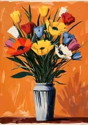 Schilderij van kleurrijke tulpen in een gestreepte vaas