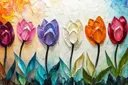 Rij kleurrijke tulpen in reliëf tegen een lichte achtergrond