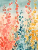 Aquarel schilderij van hoge veldbloemen in rood, blauw en geel in verticale kleurvakken