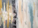 Kleurrijk abstract schilderij met verticale strepen in goud en petrol
