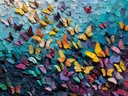 Schilderij van een grote groep gekleurde vlinders op een turquoise en donkerblauwe achtergrond
