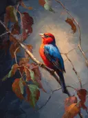 Kleurrijke rood-blauwe vogel op tak met herfstbladeren, olieverfschilderij