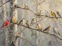 Schilderij van een groep kleurrijke zangvogels op kale takken