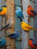 Groep felgekleurde vogels op takken, olieverfschilderij