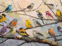 Schilderij van een groep kleurrijke vogels op boomtakken