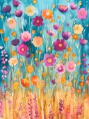 Aquarel van een kleurrijke wilde bloemenweide op een blauwe achtergrond met een gouden veld onderaan