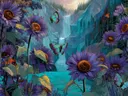 Schilderij van kleurrijke zonnebloemen met vlinders boven een rivier