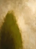 Abstract schilderij, kleurvelden aan de linkerrand in kaki en zand