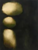 Abstract schilderij, kleurvelden aan de linkerrand in zand en olijf