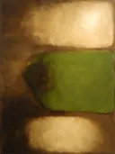Abstract schilderij, kleurvelden aan de rechterrand in kaki en zand
