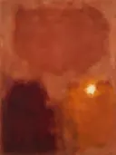 Abstract schilderij, kleurvelden aan de rechterrand in vol terracotta