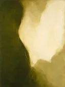 Abstract schilderij, kleurvelden aan de rechterrand in zand en olijf