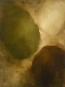 Abstract schilderij, kleurvelden buiten beeld in kaki en zand