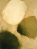 Abstract schilderij, kleurvelden buiten beeld in zand en olijf