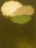 Abstract schilderij, kleurvelden hoog in beeld in zand en olijf