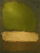 Abstract schilderij, kleurvelden laag in beeld in kaki en zand