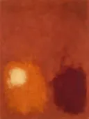 Abstract schilderij, kleurvelden laag in beeld in vol terracotta