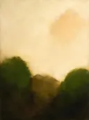 Abstract schilderij, kleurvelden laag in beeld in zand en olijf