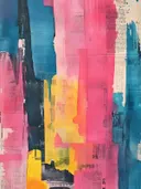 Abstract schilderij met kleurvlakken in blauw, roze en geel op krantenpapier