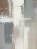 Minimalistisch schilderij met kleurvlakken in bruin en saliegroen