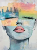 Popart schilderij van een gezicht verdeeld in kleurrijke vlakken met een stadsskyline en zonsondergangkleuren