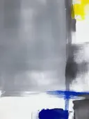 Minimalistisch schilderij met grijze vlakken en een geel accent