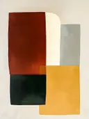 Minimalistisch schilderij met kleurvlakken in bordeaux en mosterdgeel
