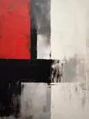 Abstract schilderij met kleurvlakken in rood, zwart en grijs.