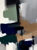 Abstract schilderij met kleurblokken in salie en marineblauw