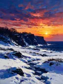 Landschapsschilderij, kliffen in de zee in de sneeuw