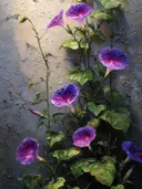 Schilderij van paarse ochtendglorie-bloemen aan klimmende ranken tegen een grijze achtergrond