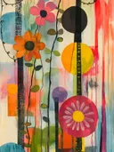 Schilderij met slingerende zwarte takken, kleurrijke cirkels en een roze en oranje bloem op pastelachtergrond