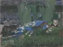 Km 109.535 rkg van Jan Toorop: figuren met figuren, tuin, bomen en droom, in groen met blauw