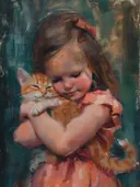 Schilderij van een meisje dat een katje knuffelt.