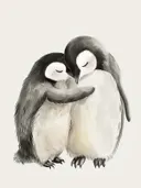 Illustratie van twee knuffelende pinguïns, kinderkamer schilderij