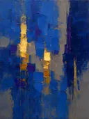 Abstract schilderij met het paletmes in kobalt en goud
