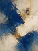 Schilderij: kobalt en oker op crème