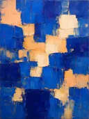 Abstract schilderij met het paletmes in kobalt en perzik