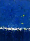 Kobalt en pruisisch blauw van onderaf, abstract schilderij met het paletmes