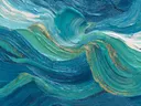 Abstract schilderij van blauwe golven met gouden accenten
