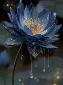 Schilderij van een kobaltblauwe lotusbloem met gouden druipende nectar