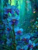 Schilderij van kobaltblauwe orchideeën in een dicht oerwoud