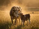 Koe een teder moment, een bloemenweide, een gouden namiddagzon