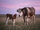 Koe een teder moment, een bloemenweide, een roze-paarse schemering