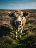 Koe frontaal, een wilde heide, de volle zomer