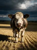 Koe frontaal, een goudkleurig stoppelveld, een enkele lichtbundel als een spotlicht